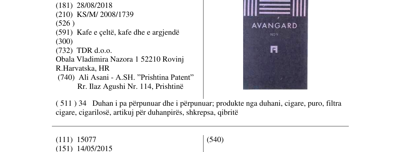 Zëri i markës AVANGARD NO9 në buletin
