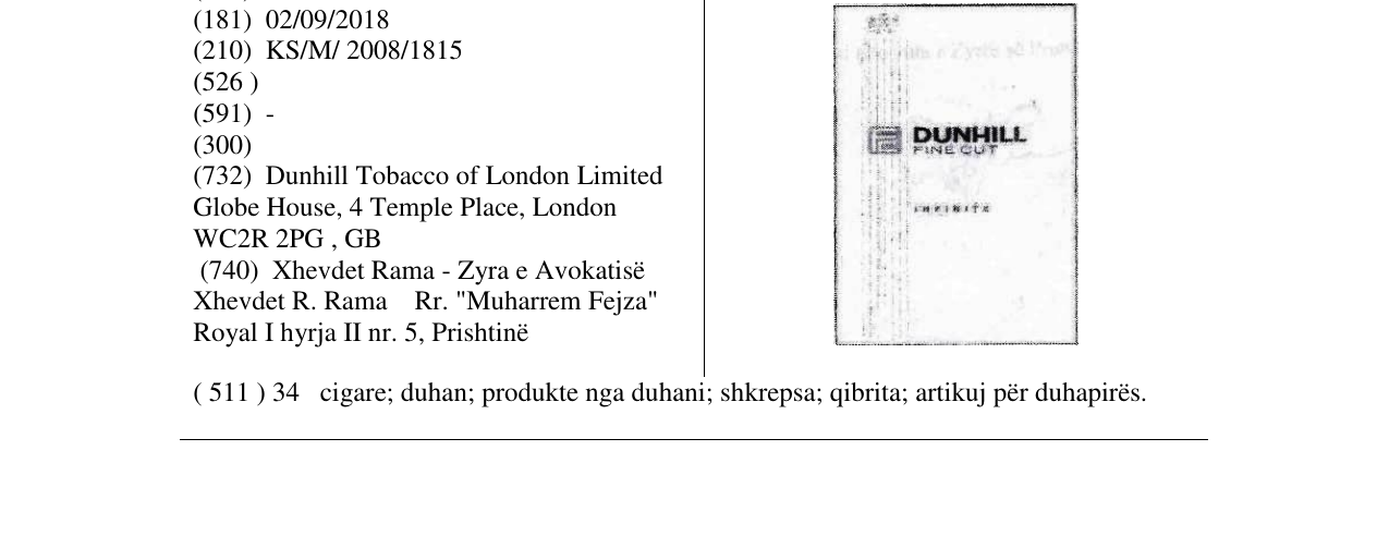 Zëri i markës DUNHILL FINE CUT INFINITE (LABEL) në buletin