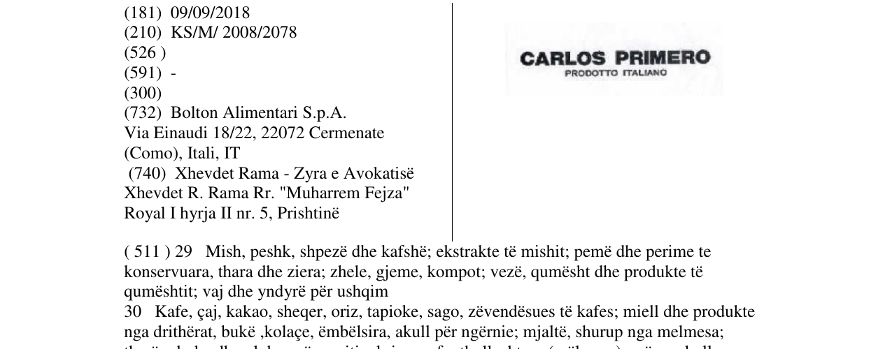 Zëri i markës CARLOS PRIMERO PRODOTTO ITALIANO në buletin