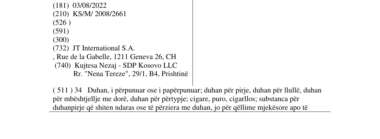 Zëri i markës SOBRANIE WHITE RUSSIAN në buletin