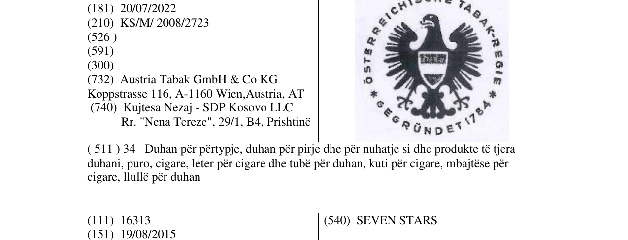 Zëri i markës ÖSTERREICHISCHE TABAK-REGIE*GEGRÜNDET 1784 në buletin
