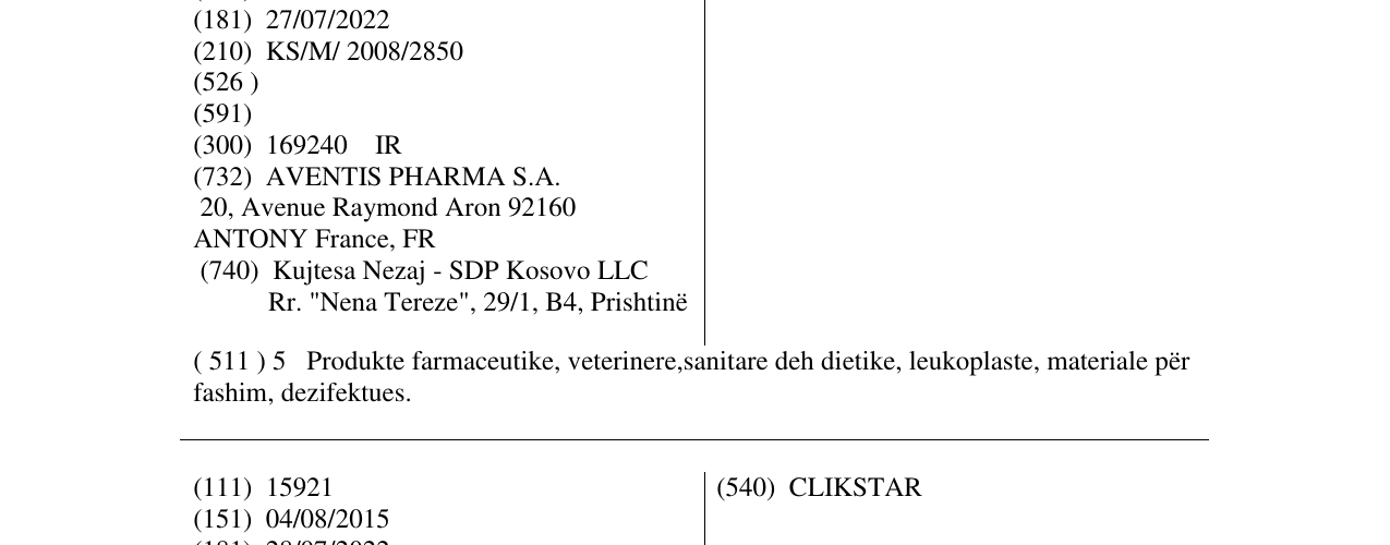 Zëri i markës EXTENCILLINE në buletin