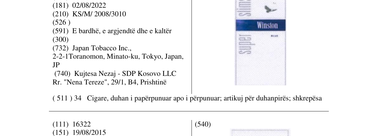 Zëri i markës Winston super slims në buletin