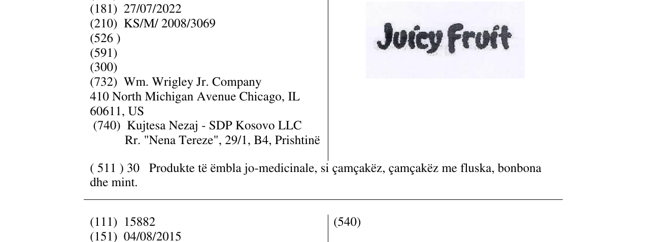 Zëri i markës Juicy Fruit në buletin