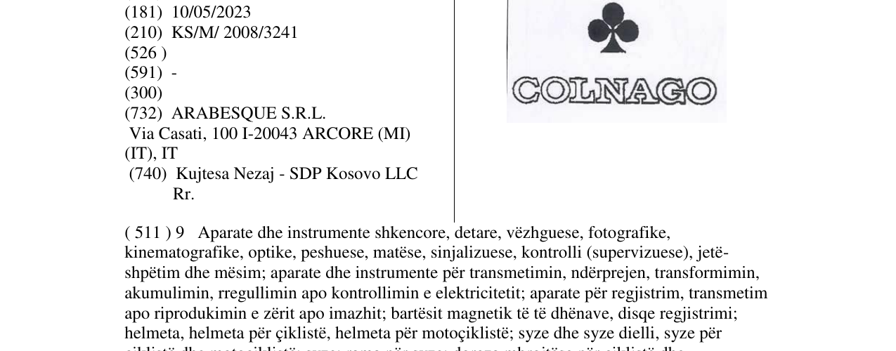 Zëri i markës COLNAGO në buletin