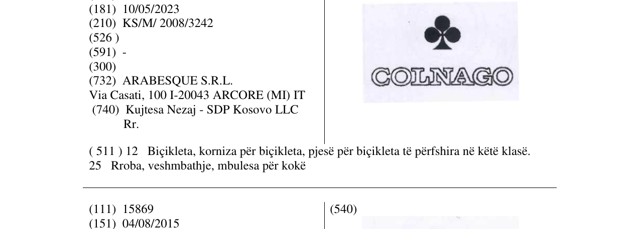 Zëri i markës COLNAGO në buletin