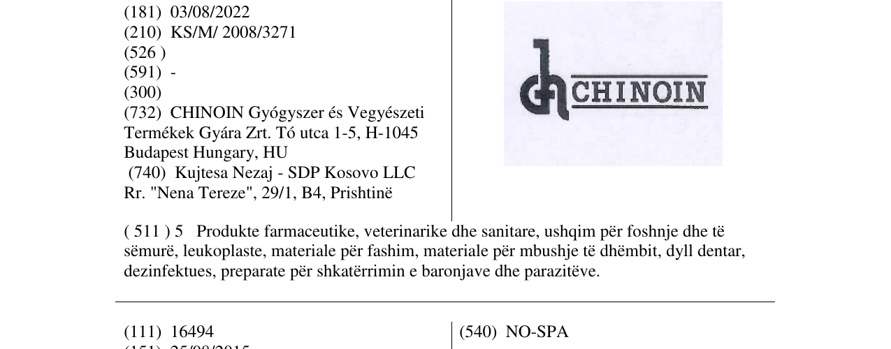 Zëri i markës CHINOIN në buletin