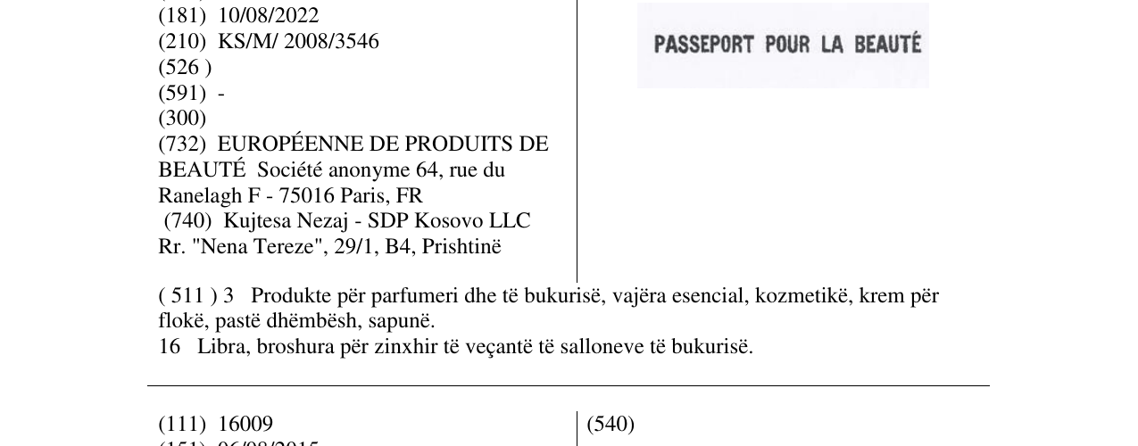 Zëri i markës PASSEPORT POUR LA BEAUTÉ në buletin