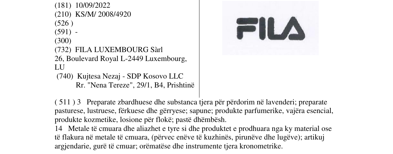 Zëri i markës FILA në buletin