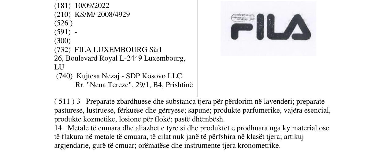 Zëri i markës FILA në buletin