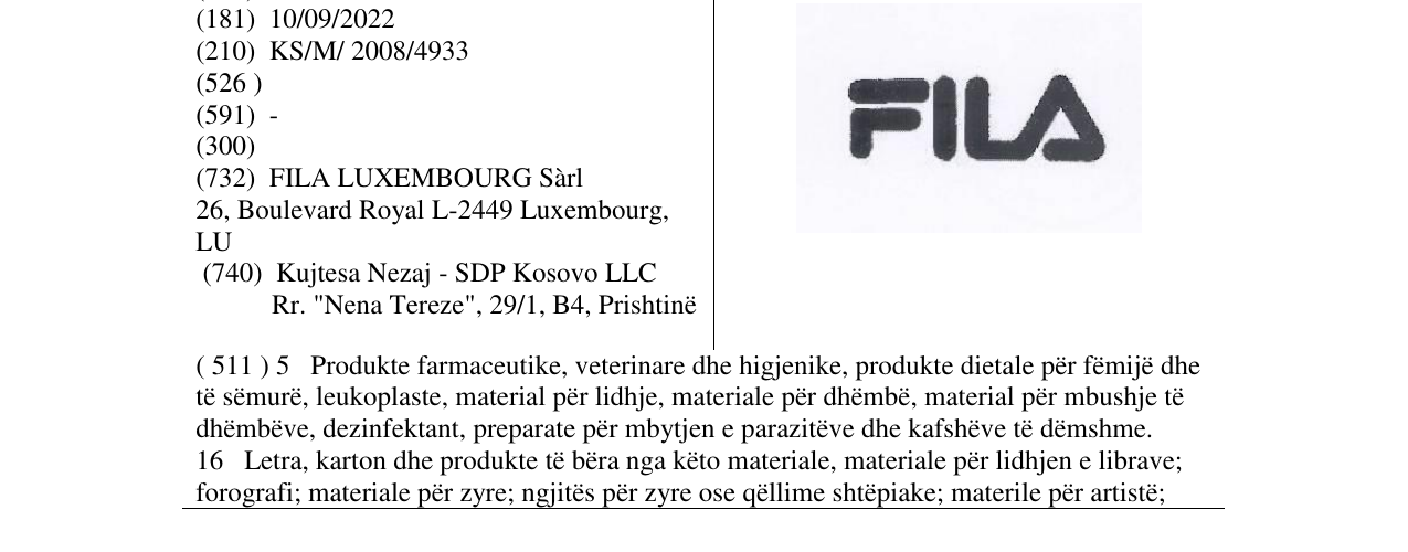 Zëri i markës FILA në buletin