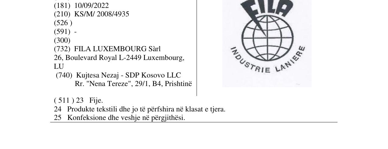 Zëri i markës FILA INDUSTRIE LANIERE në buletin