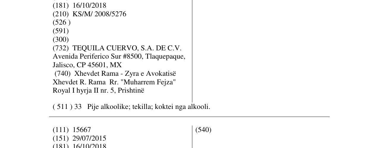 Zëri i markës JOSE CUERVO ESPECIAL në buletin