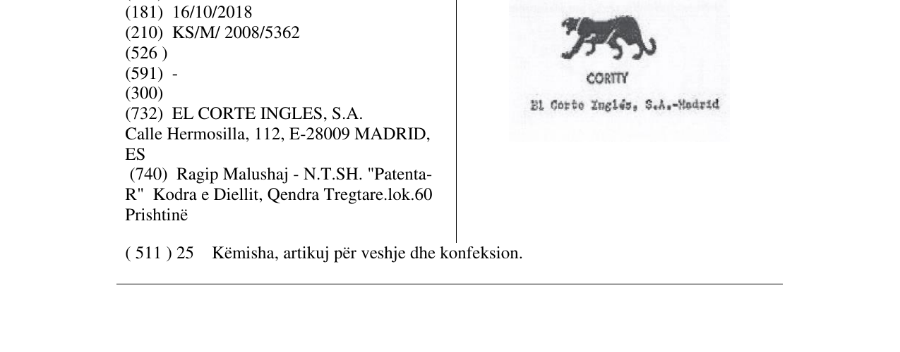 Zëri i markës CORTTY El Corto Ingles, S.A.-Madrid në buletin