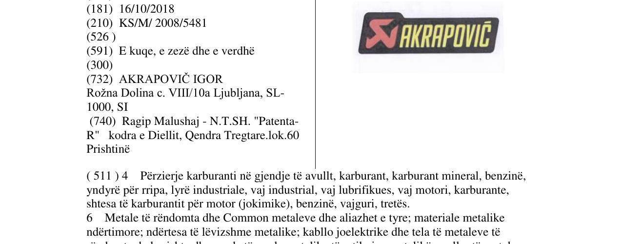 Zëri i markës AKRAPOVIC në buletin