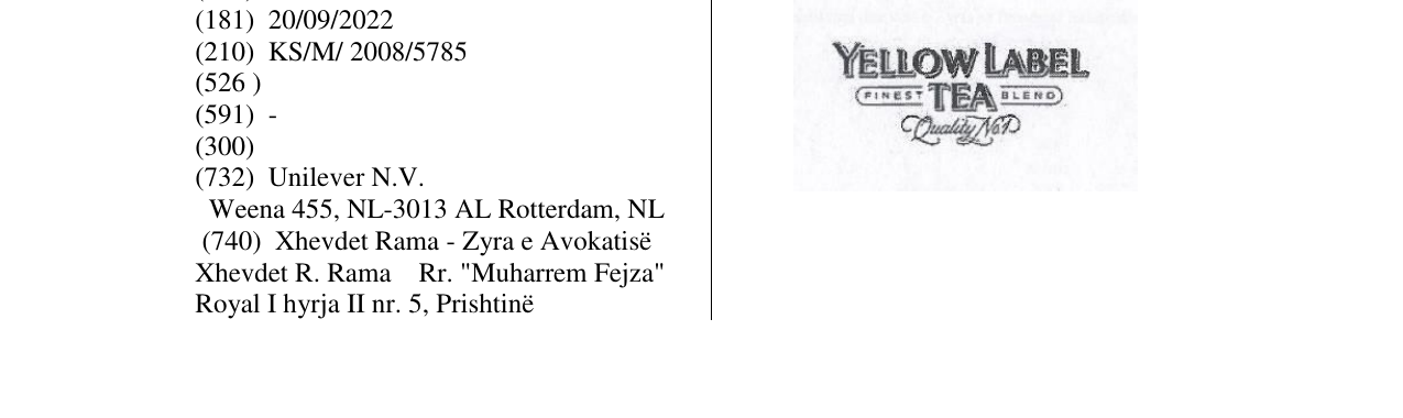 Zëri i markës YELLOW LABEL TEA në buletin