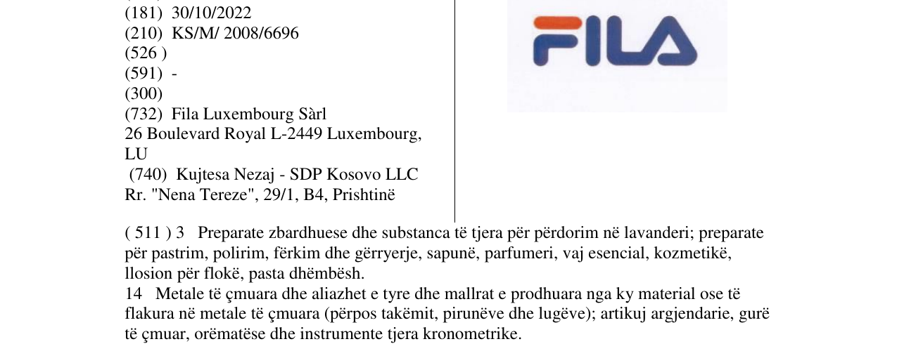 Zëri i markës FILA në buletin