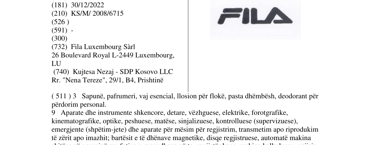 Zëri i markës FILA në buletin