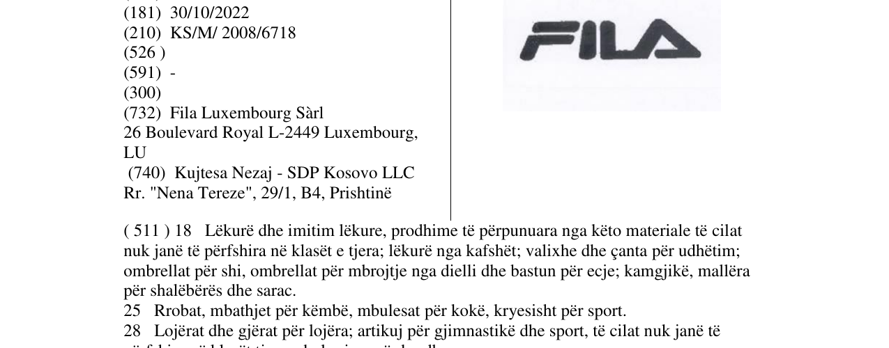 Zëri i markës FILA në buletin