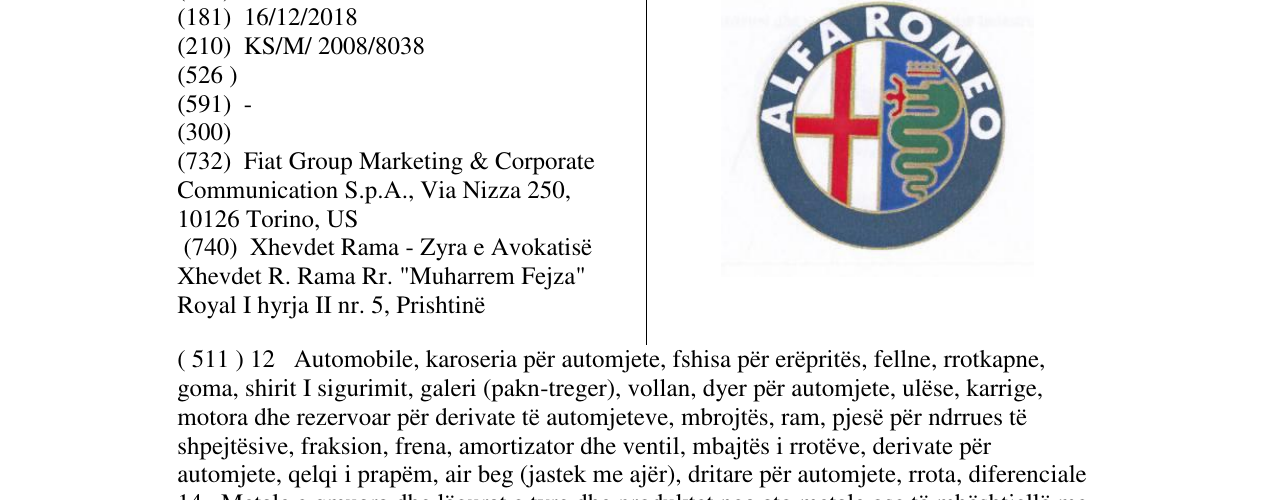 Zëri i markës ALFA ROMEO në buletin
