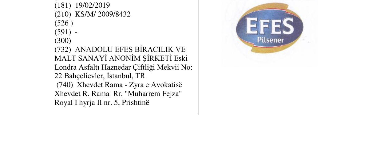 Der Eintrag der Marke EFES Pilsener im Bulletin