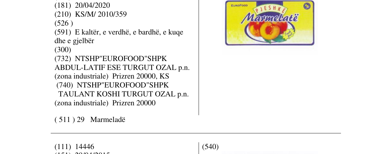 Zëri i markës PJESHKË Marmelatë në buletin