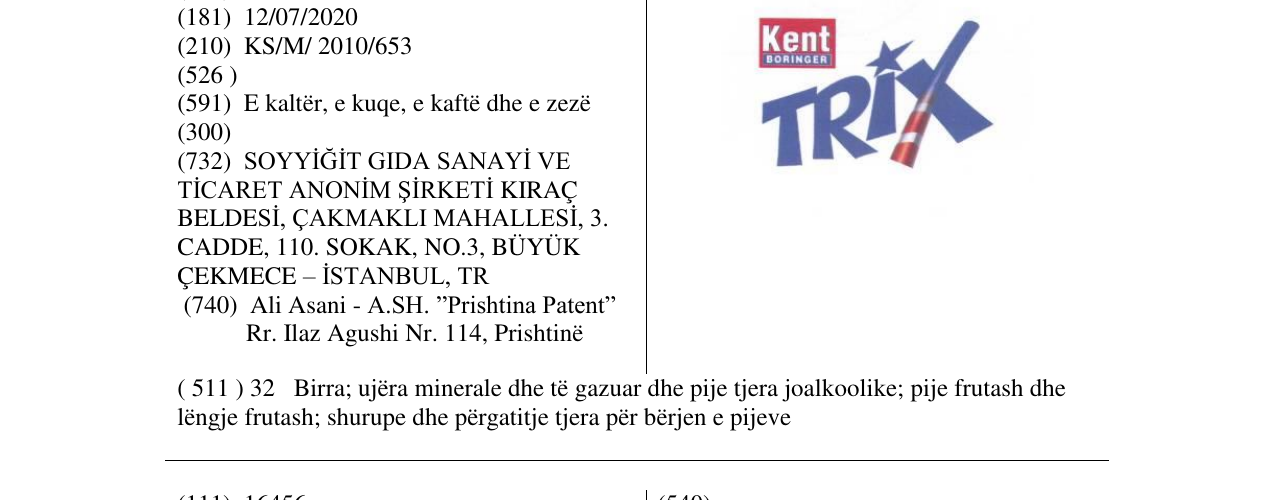 Zëri i markës Kent BORINGER TRIX në buletin