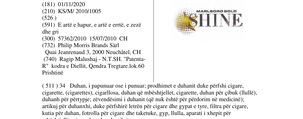 Zëri i markës SHINE MARLBORO GOLD në buletin