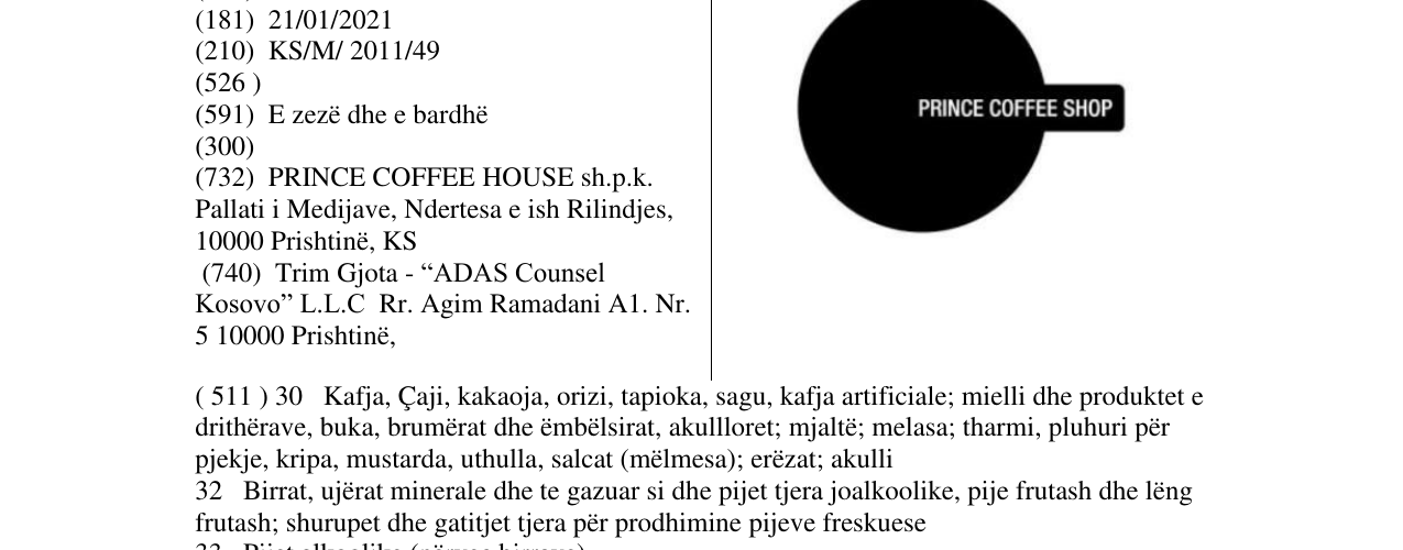 Zëri i markës PRINCE COFFEE HOUSE në buletin