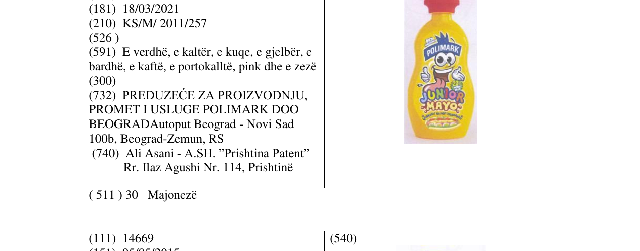 Zëri i markës POLIMARK JUNIOR MAYO në buletin