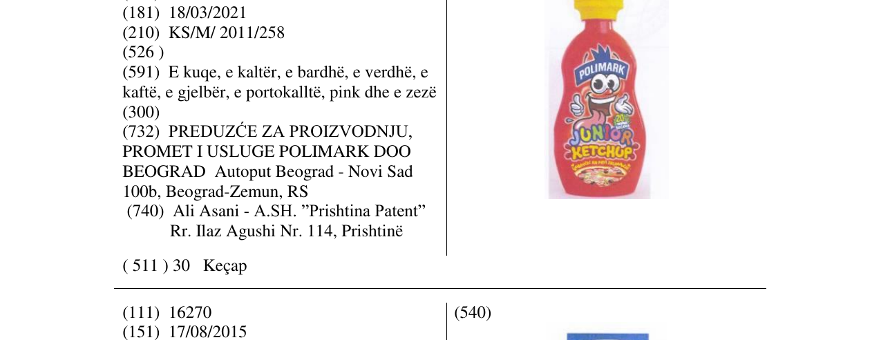 Zëri i markës POLIMARK JUNIOR KETCHUP në buletin