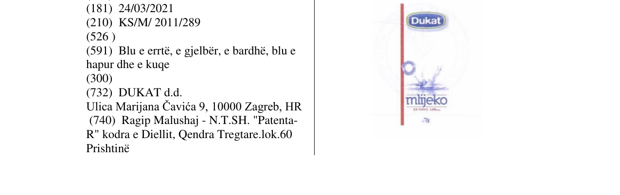 Zëri i markës Dukat mlijeko në buletin