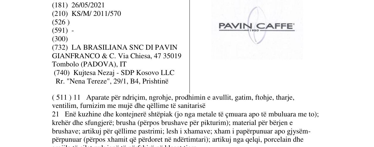 Zëri i markës PAVIN CAFFE në buletin