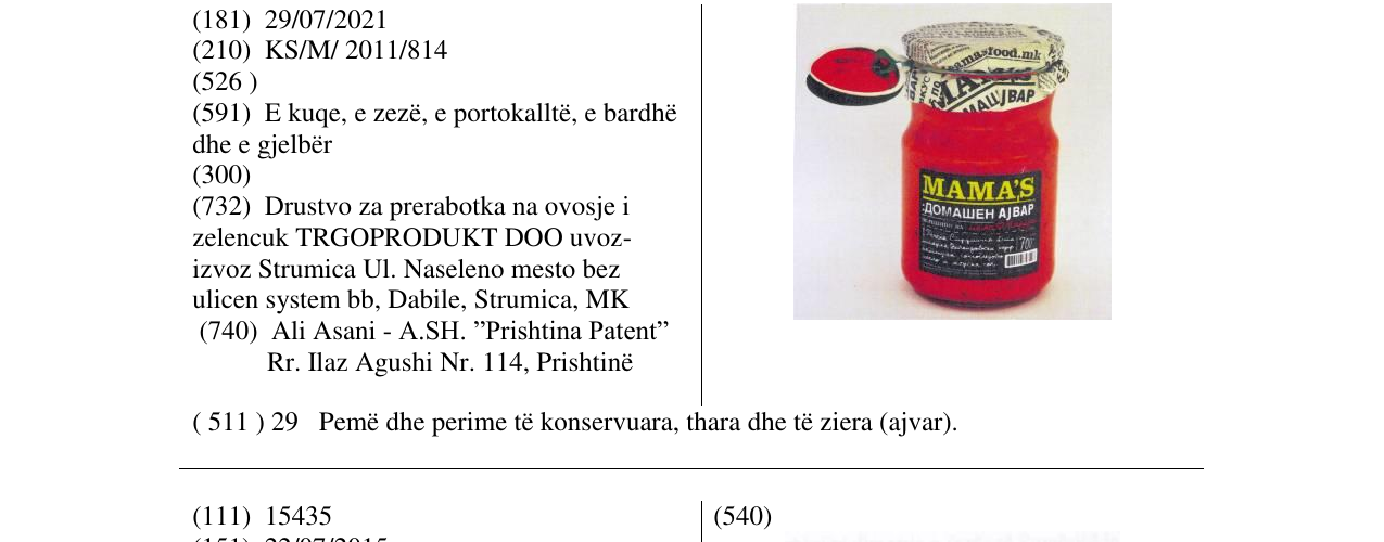 Der Eintrag der Marke MAMA'S im Bulletin