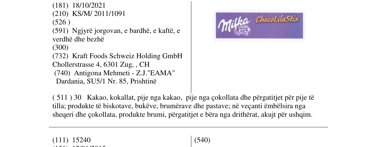 Zëri i markës milka ChocoLilaStix në buletin