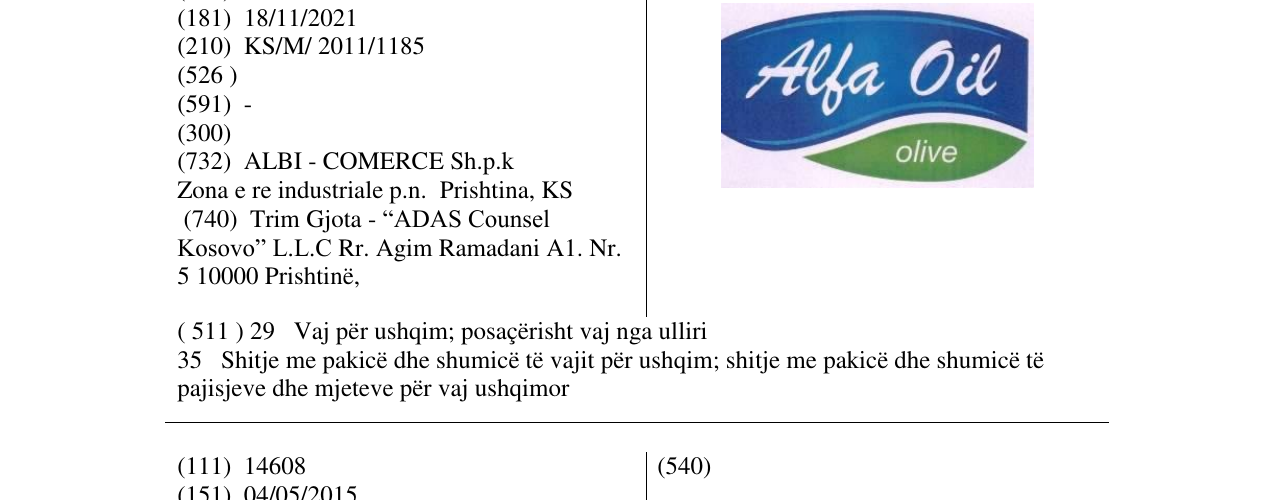 The entry of the trademark Alfa Oil in the bulletin