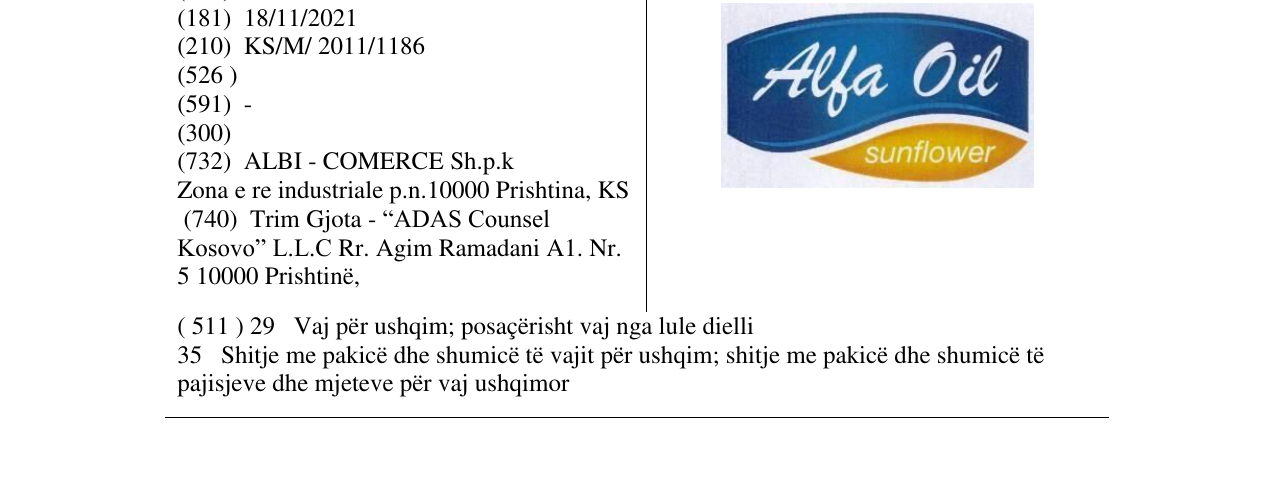 Zëri i markës Alfa Oil në buletin
