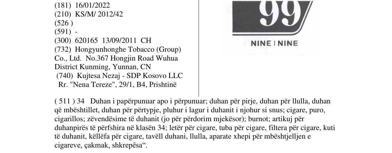 Zëri i markës 99 NINE I NINE në buletin