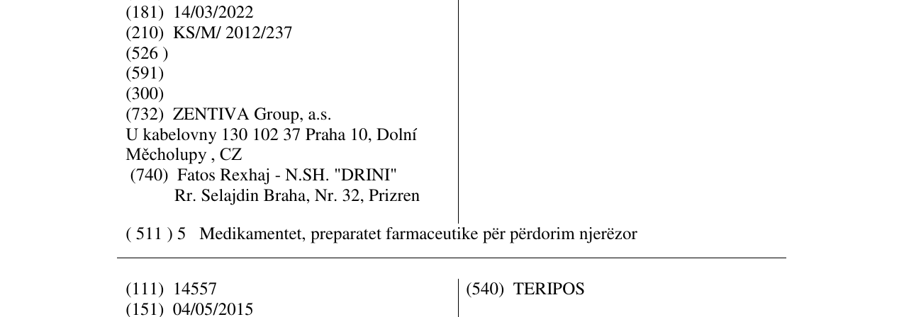 Zëri i markës TERINDROS në buletin