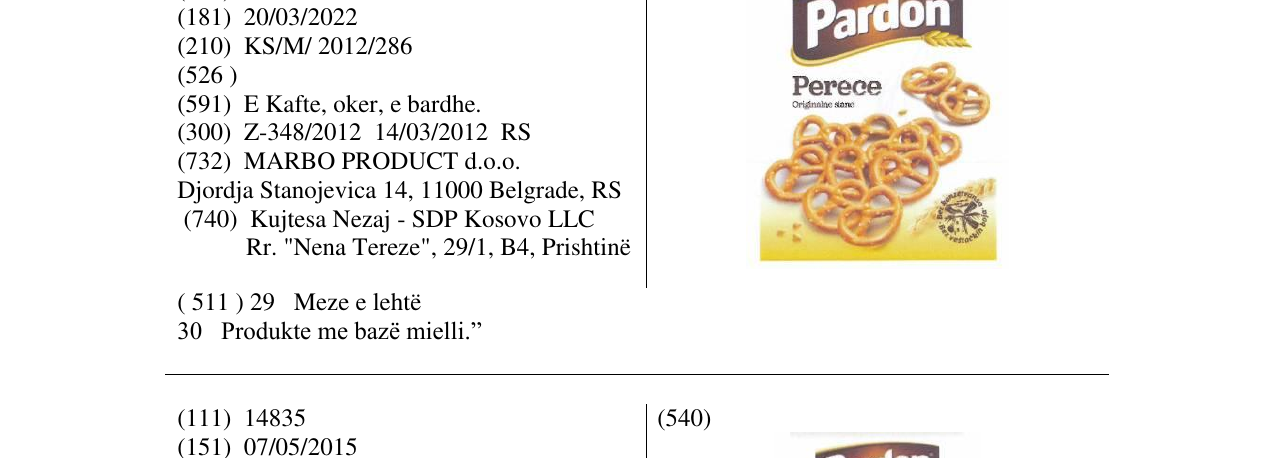 Zëri i markës Pardon Perece në buletin