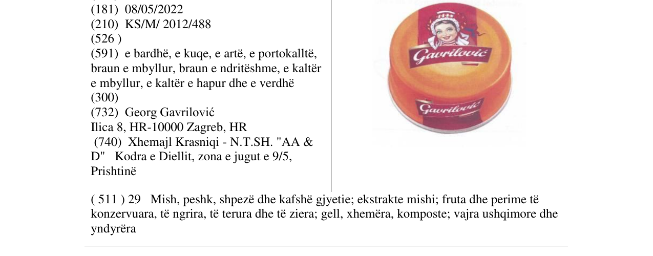 Zëri i markës Gavrilovć në buletin
