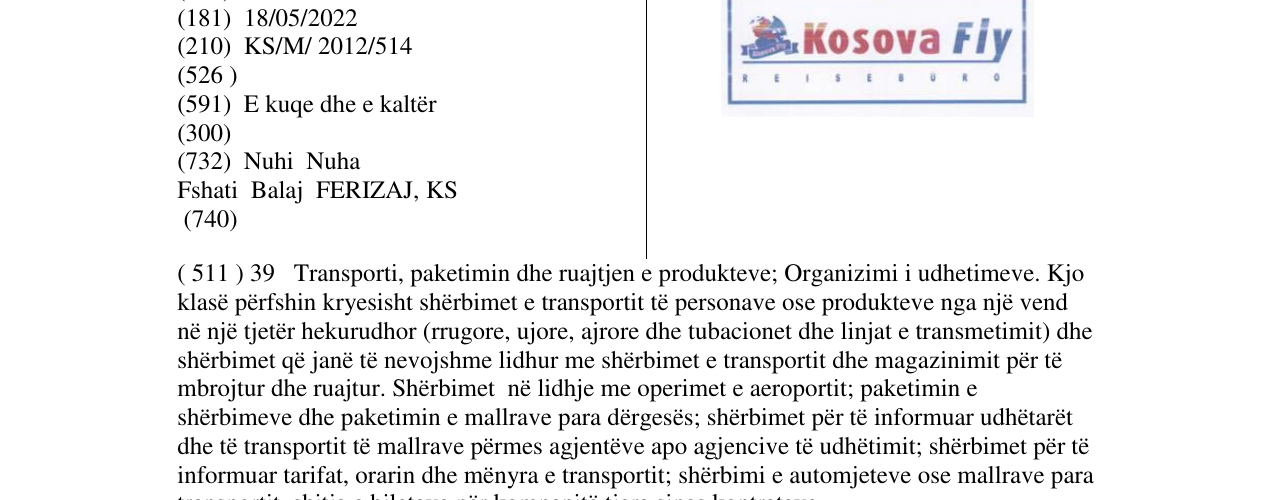 Zëri i markës KOSOVA Fly REISEBÜRO në buletin