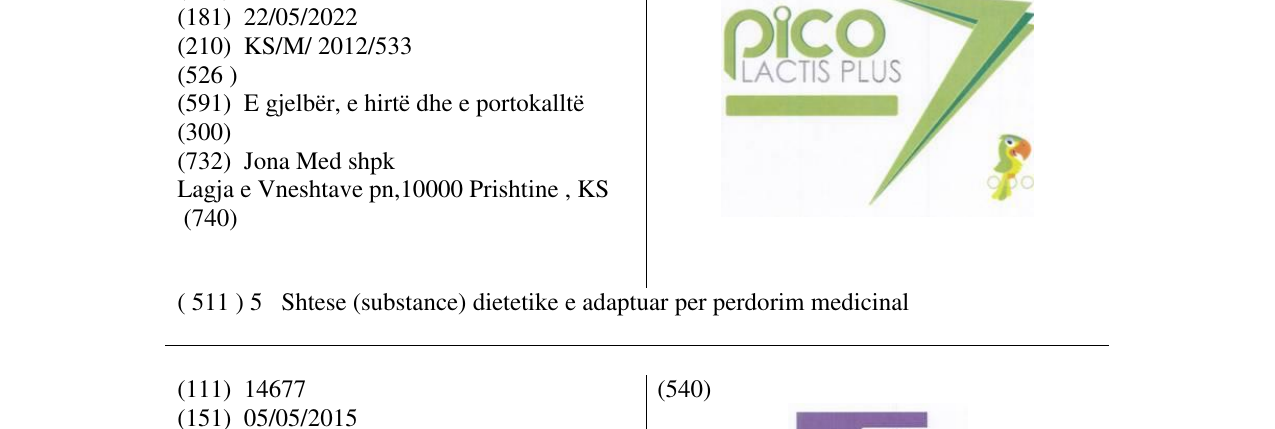 Zëri i markës PICO LACTIS PLUS në buletin