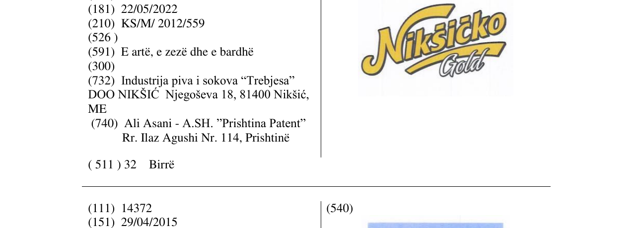 Zëri i markës Nikŝiĉko Gold në buletin