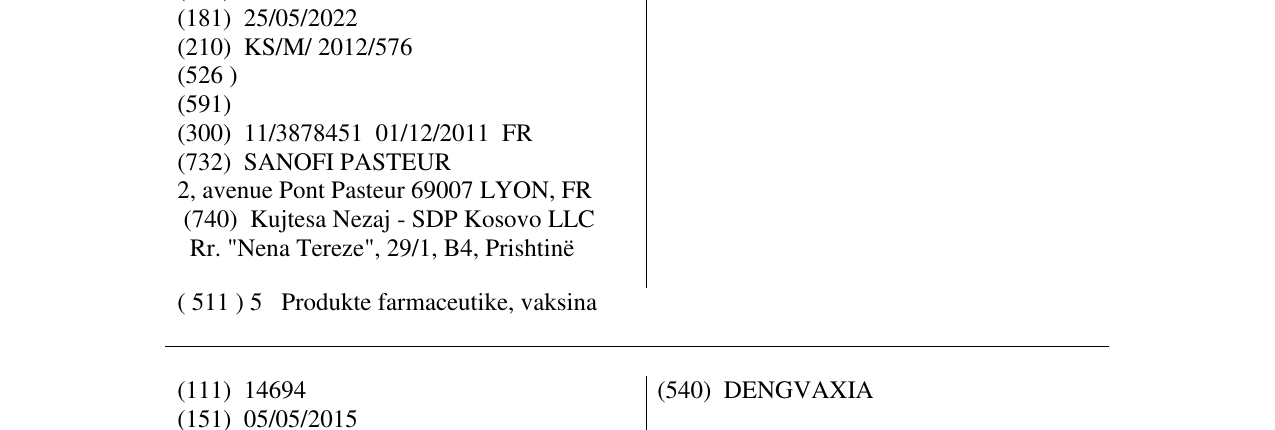 Zëri i markës DENGUEXIM në buletin