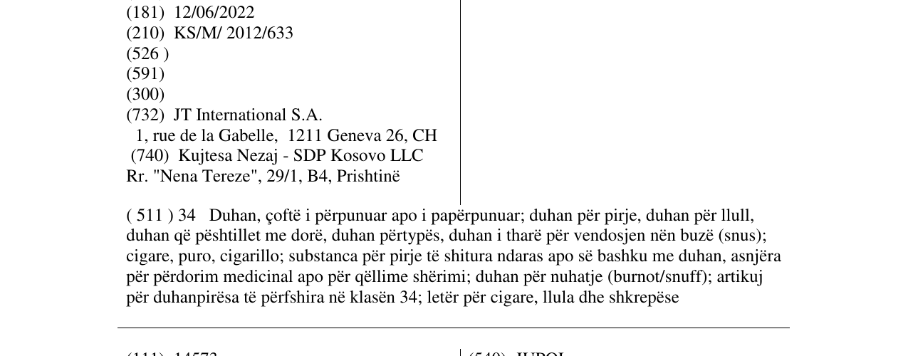 Zëri i markës SOBRANIE REFINE në buletin