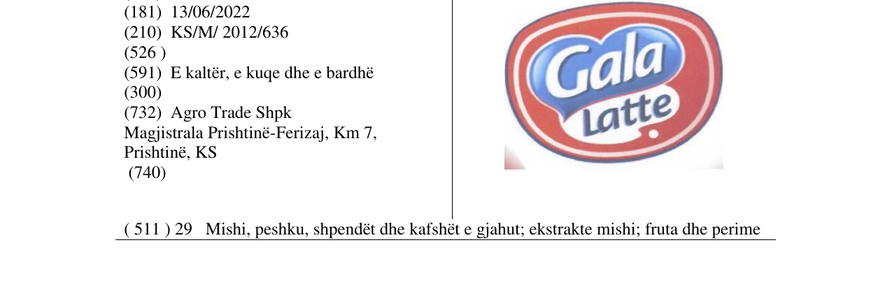 Zëri i markës Gala Latte në buletin