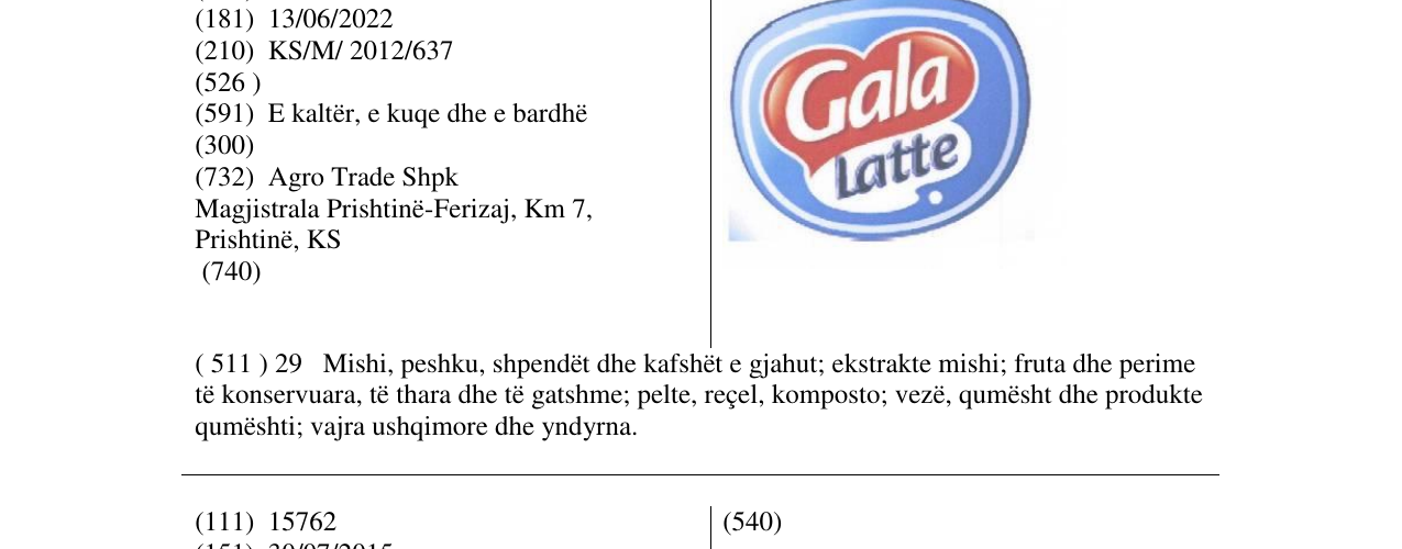 Zëri i markës Gala Latte në buletin