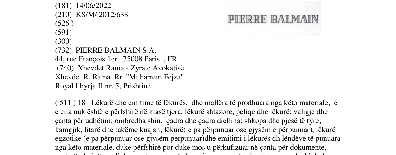 Zëri i markës PIERRE BALMAIN në buletin