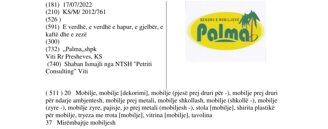 Zëri i markës QENDRA E MOBILJEVE Palma në buletin